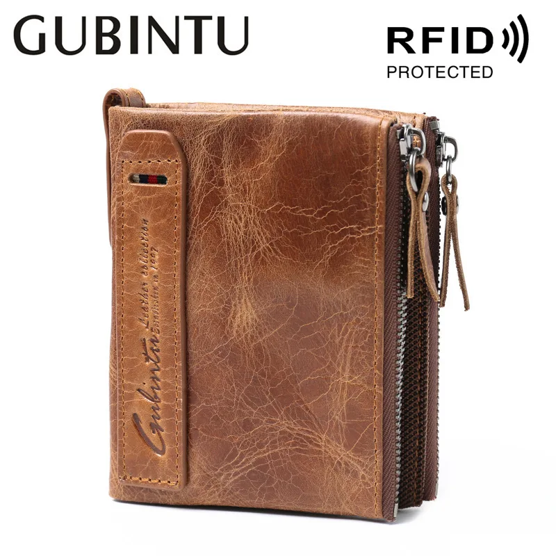

Retro Leather RFID Men's Pocket Purse Cowhide Double Zipper Brand Wallet Coin Purse Pocket Money Bag
