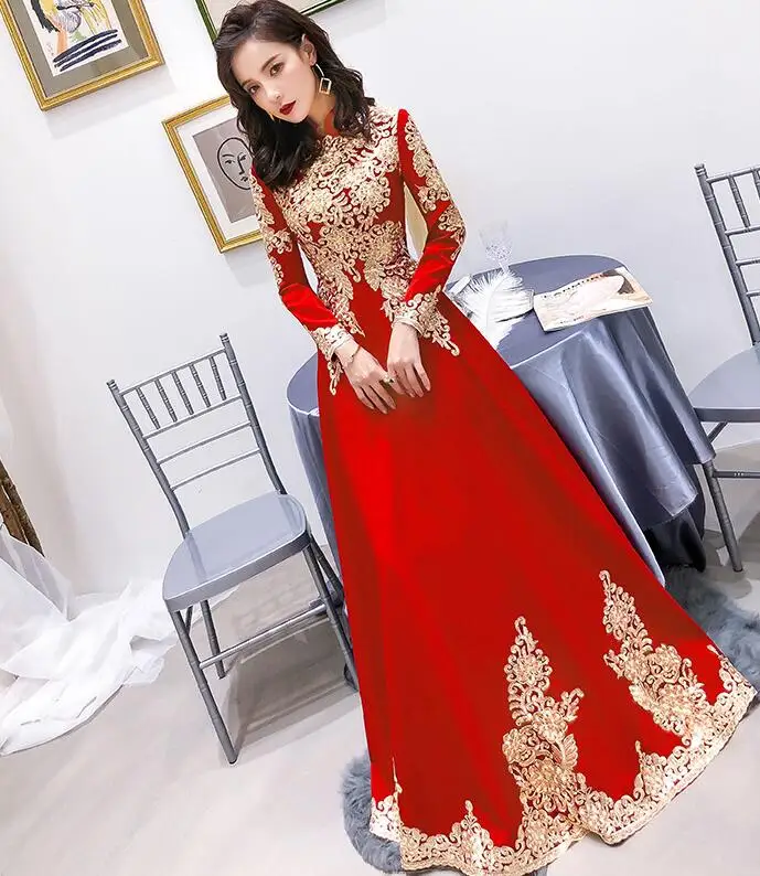 style D Красное платье с длинным рукавом в восточном стиле, китайское винтажное традиционное свадебное платье Ципао, длинное платье Ципао размера плюс XS-3XL - Цвет: style D