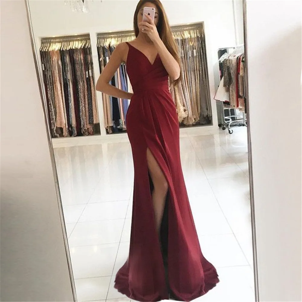 

Burgundy Mermaid Evening Dress High Split Sweetheart Spaghetti Strap Elastic Satin Long Prom Gown Cheap Women Party Dresses