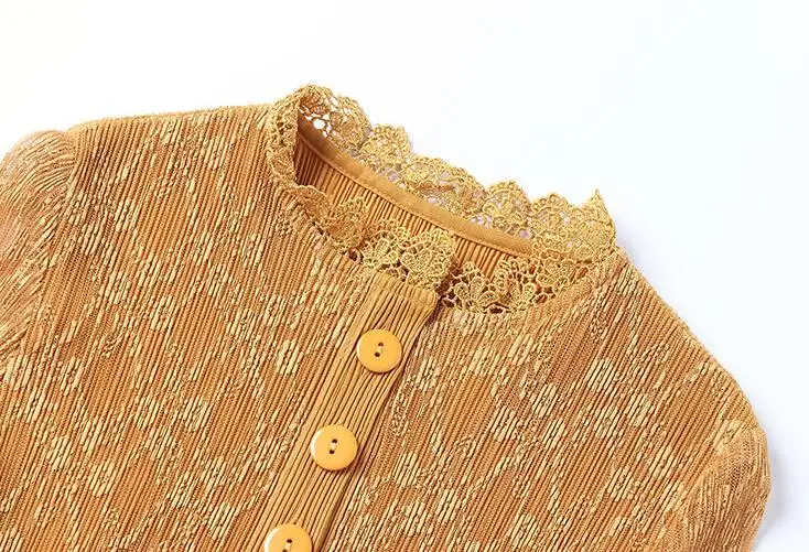 

Plus Size Dress Autumn New Women A-Line Long sleeve high waist Slim Miyake Pleats Mid-Calf Lace Dress for women weight 45-75kg