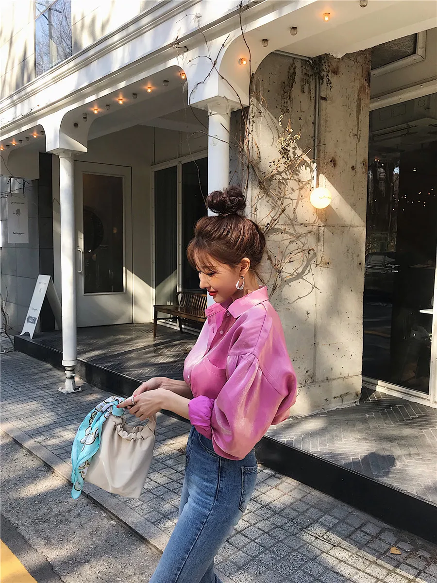 Коробов Новая мода Blusas Femininas элегантное блестящее кольцо с длинным рукавом в Корейском стиле Для женщин блузки из органической кожи Модные Однобортный рубашка 77997