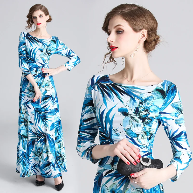 S-XXL spring summer woman dress white background blue leaf flower pattern print 3/4 sleeve ankle length fashion maxi | Женская одежда