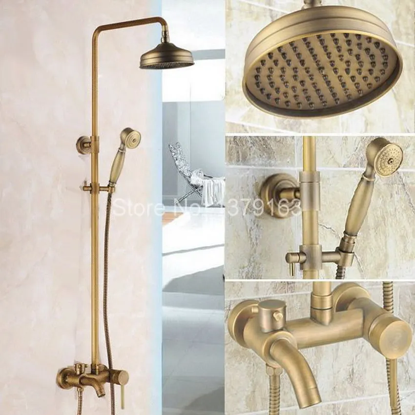 

Antique Brass Wall Mounted Bathroom Rain & Hand Shower & Tub Faucet Set Single Lever Mixer Tap ars184