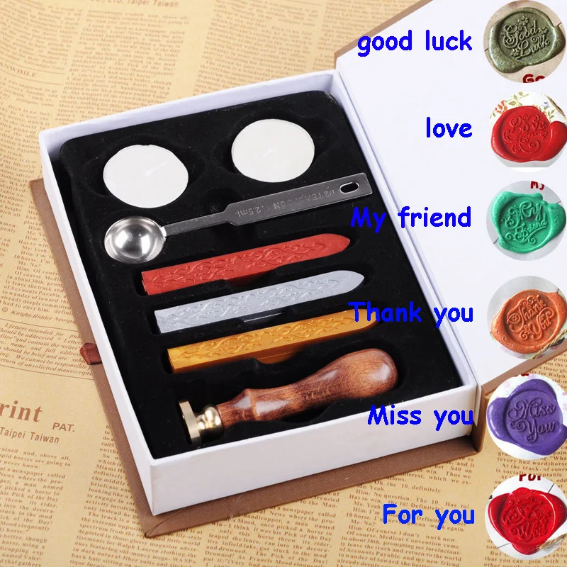 

6 Greeting Pattern Retro Sealing Wax Set DIY Paper Envelope Decoration Delicate Cuprum Stamps Wood Handle for Wedding Invitation