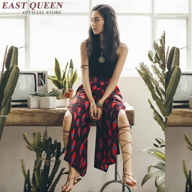 Женские пляжные брюки с высокой талией широкие цветочным принтом и разрезом