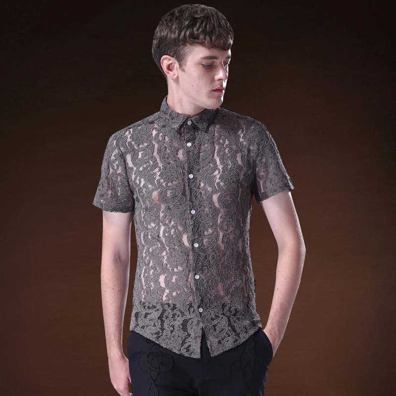 

Fanzhuan Free Shipping New fashion casual male men's short sleeved transparent hollow lace shirt embroidered 713107-2 blouse2017