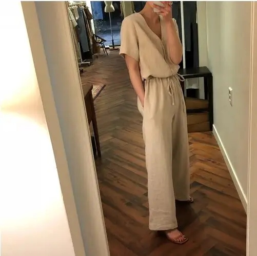 Женский комбинезон свободный с коротким рукавом из хлопка и льна в Корейском