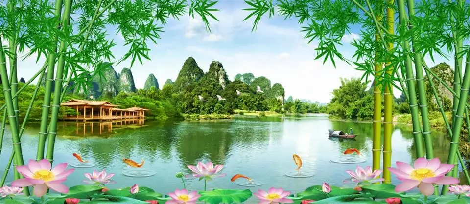 3d wallpaper custom photo mural non-woven Huge lake bamboo fish sofa background wall painting living room for walls | Обустройство