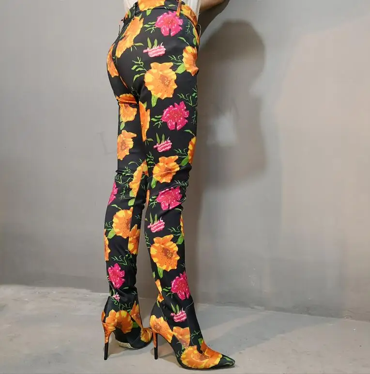 LGZ444 Floral LAIGZEM/женские штаны по индивидуальному заказу; Сапоги выше колена из лайкры на каблуке; обувь с цветочным принтом; Botines Mujer; большие размеры 34-47 - Цвет: LGZ444 Floral