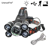 5 led headlight 1x t6 4x xpe led usb rechargeable headlamp flashlight for outdoor hunting fishing bike light with usb cable