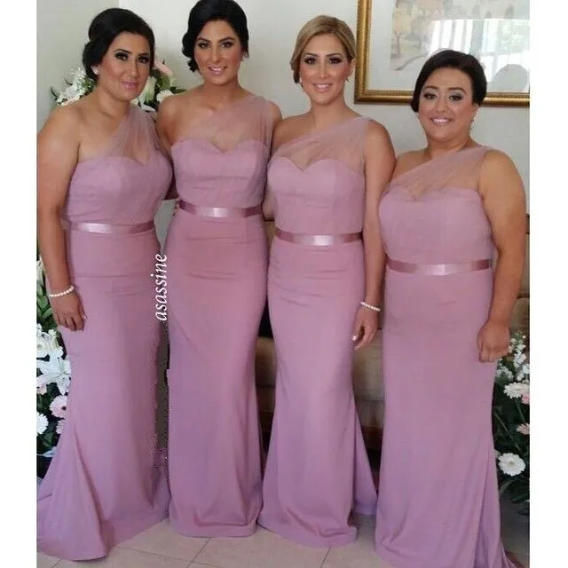 2017 Пыльной Розы Розовые Платья Невесты Одно Плечо Тюль Шифон Оболочка Длинные