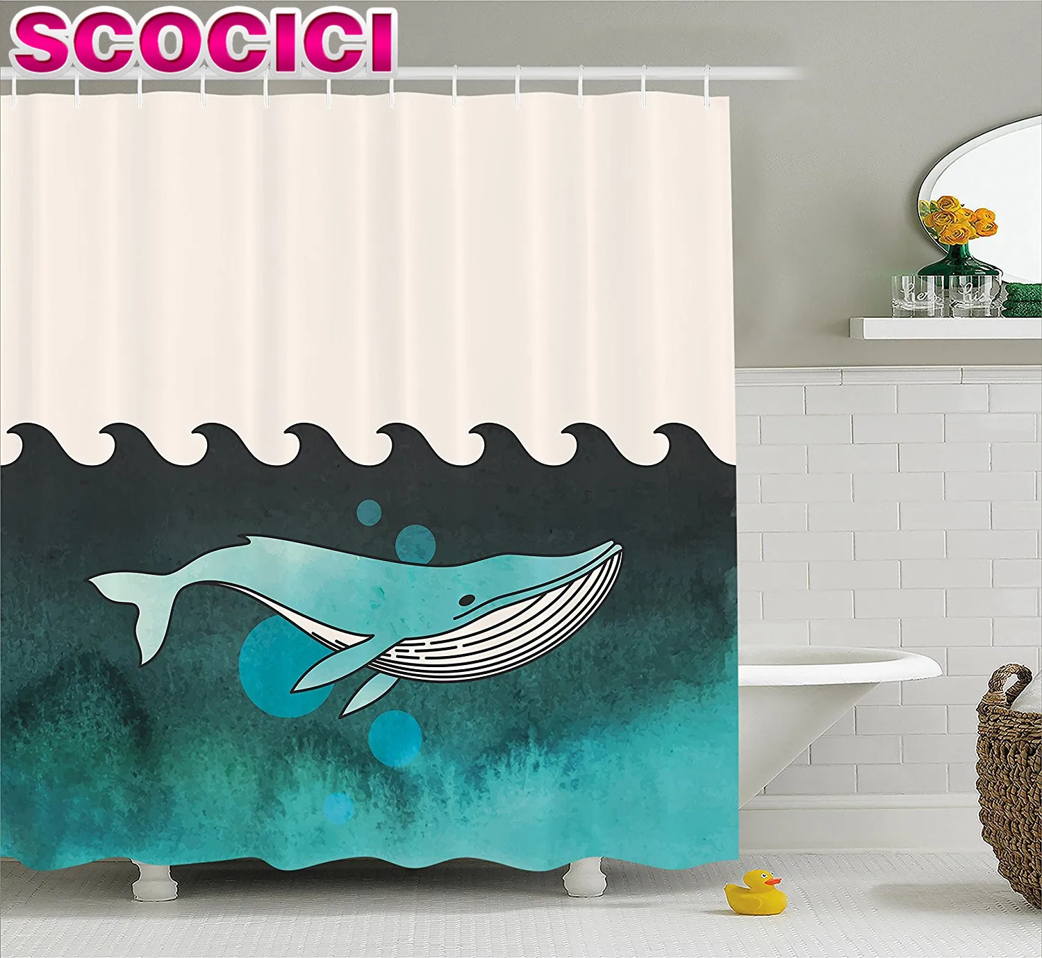 Whale Decor Shower Curtain Huge Whale Swimming Under the Ocean Near an Palm Island with Wooden Skull Fabric Bathroom Decor Set G
