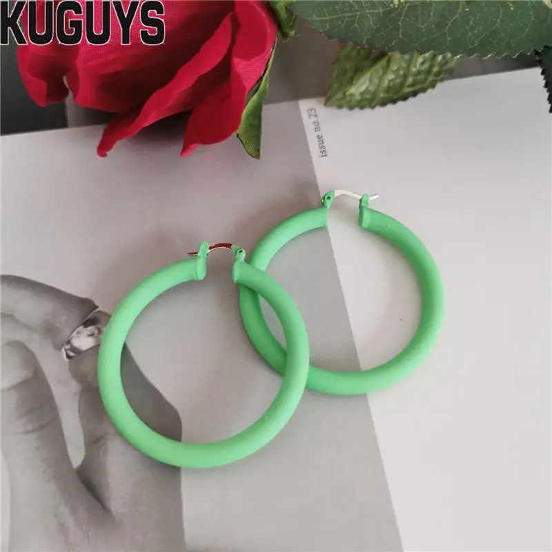 4.5CM GREEN KUGUYS высокое качество 5 цветов Неоновые Круглые серьги-кольца для женщин модные ювелирные изделия матовые металлические серьги модные вечерние аксессуары - Окраска металла: 4.5CM GREEN