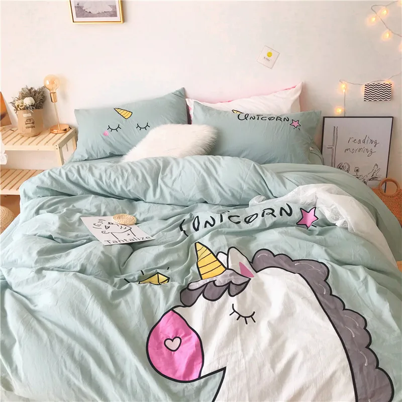 Зеленый розовый белый желтый милый мультяшный Единорог 100% мытый хлопок