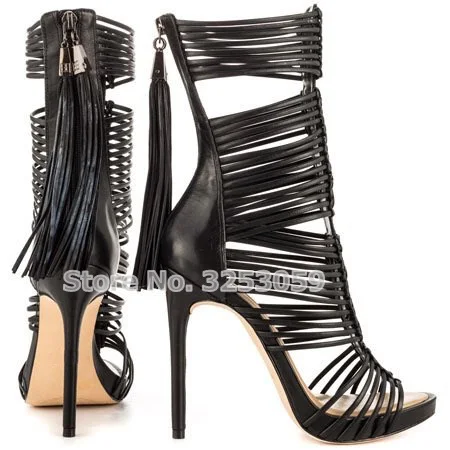 ALMUDENA High End Black White Thin Strappy Fringe Gladiator Sandals Stiletto Heels Cage Sandal Booties Tassel Dress Shoes Size43