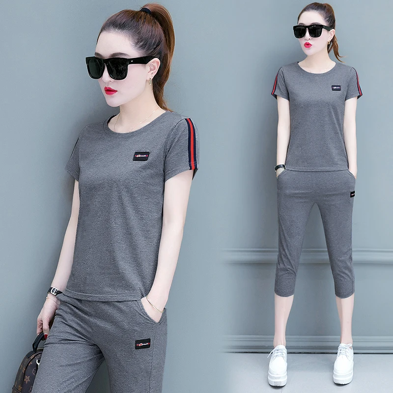 Хлопковый Повседневный Спортивный костюм Женская Летняя мода Корейская версия