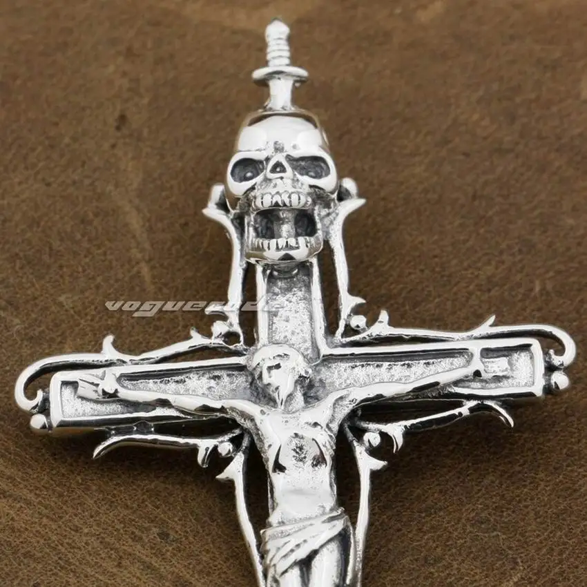 LINSION серебряная подвеска Иисус Распятие Крест Меч череп Мужчины Байкер рок панк