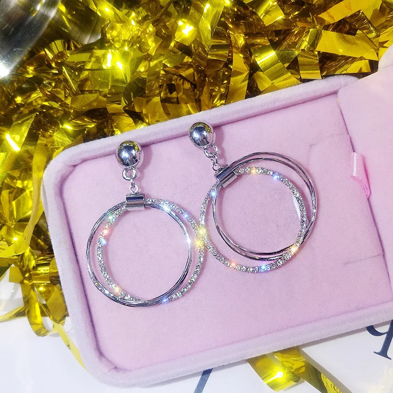silver FYUAN модные круглые геометрические Висячие серьги для женщин Bijoux Золотой Серебряный Цветной Круг Стразы Висячие серьги вечерние ювелирные изделия - Окраска металла: silver