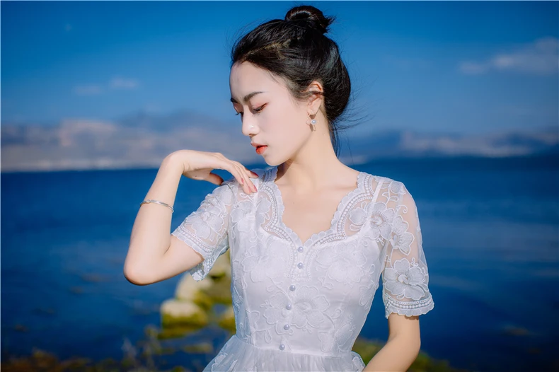 Вечерние одежда летнее платье 2018 Короткие рукава кружевные нарядные платья