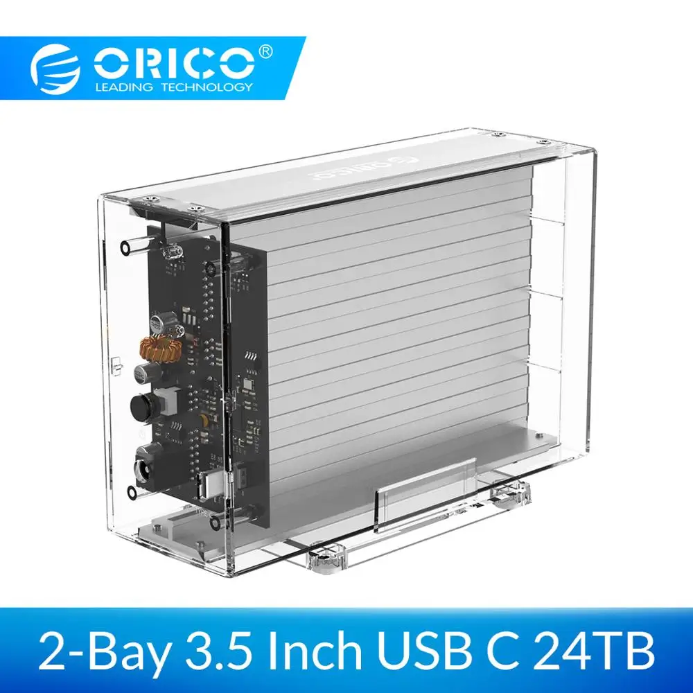 ORICO Daul Bay 3,5 ''USB C HDD чехол SATA к USB C прозрачный с алюминиевым HDD док-станция UASP 24 ТБ добавить 12V адаптер питания