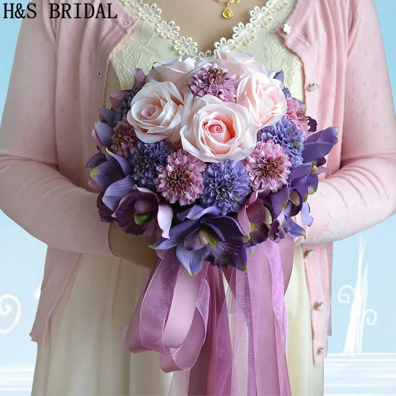 Красивый фиолетовый розовый цвет Свадебный букет невесты искусственный цветок розы свадебные букеты