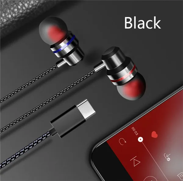 Черный Наушники Robotsky Type C с динамическим приводом, HiFi USB-C, наушники-вкладыши, бас, металлическая Спортивная игровая гарнитура с микрофоном для Xiaomi, Huawei, Letv - Цвет: Черный