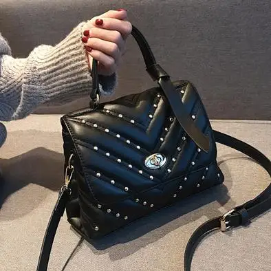 Хорошее качество Diamond Stripe шипованных Мода Pu кожаные женские Доктор Сумка Crossbody сумка на ремне Женский Bolsa - Цвет: BLACK