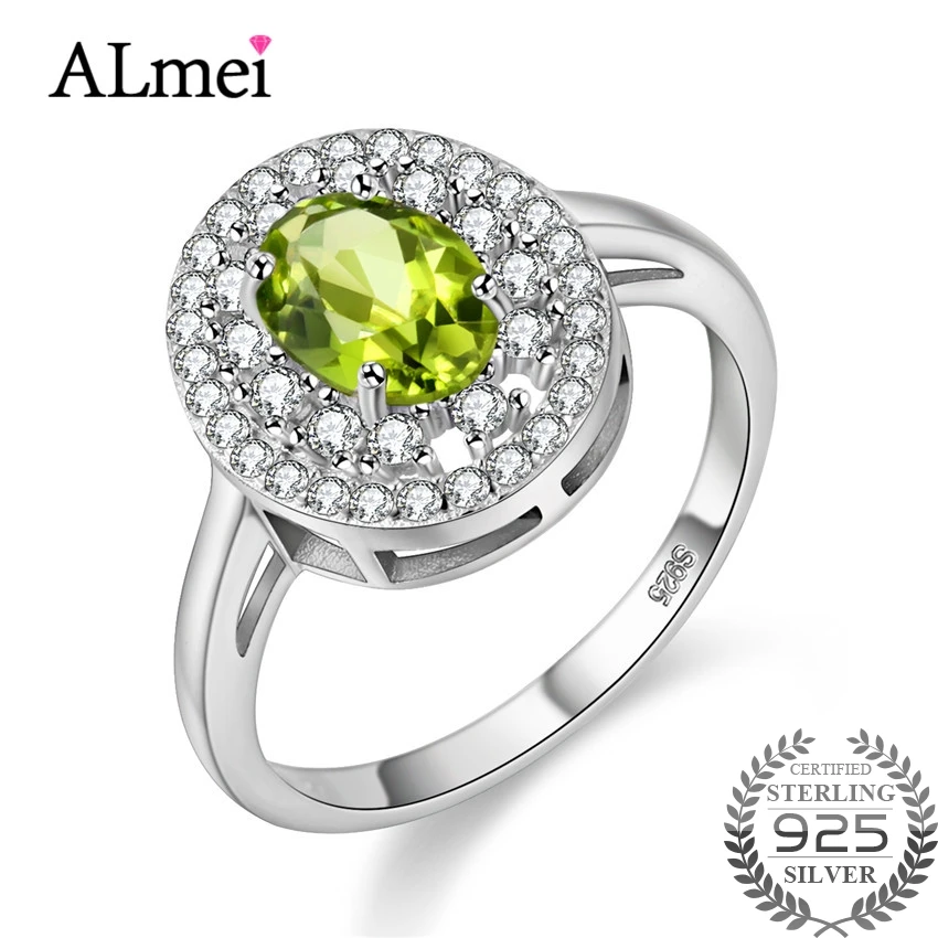 Almei 1ct Овальный Зеленый Перидот кольцо с ореолом для женщин Оригинальное