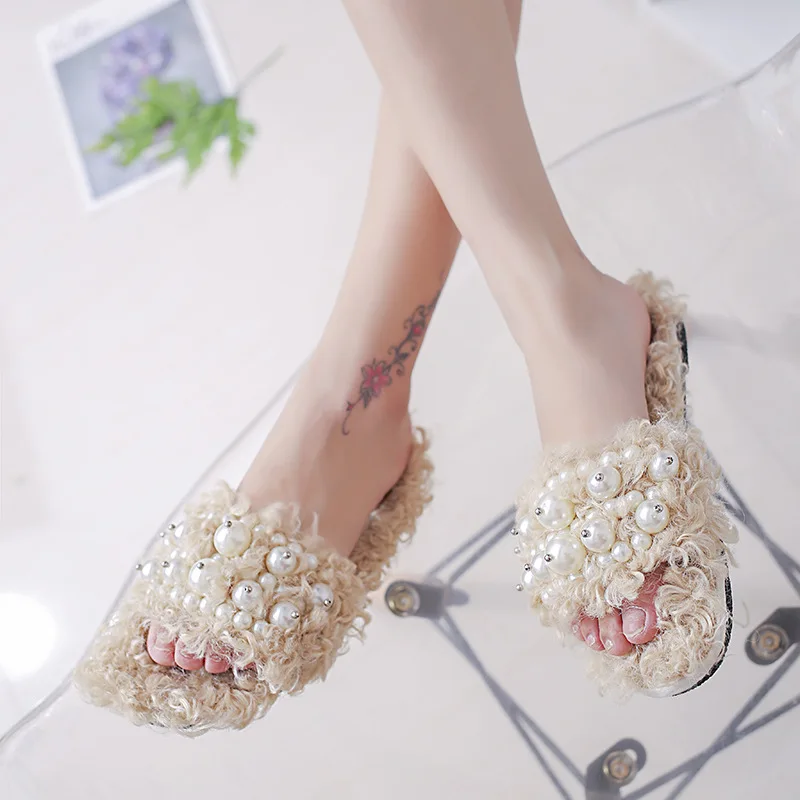 Основные тапочки с мехом женские жемчугом для ношения на улице повседневные