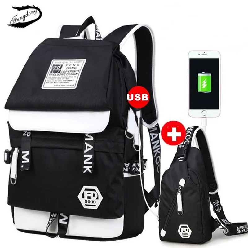 Fengdong 2 шт./компл. Для мужчин USB рюкзак печати школьная сумка для мальчиков