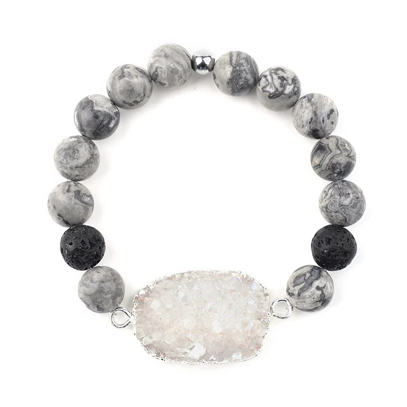 Gray Agate White BOJIU эластичный Натуральный Камень Груша Druzy браслеты с подвесками для женщин ручной работы 8 мм Агаты Howlite оникс Лава бусины браслет подарок BC283 - Окраска металла: Gray Agate White