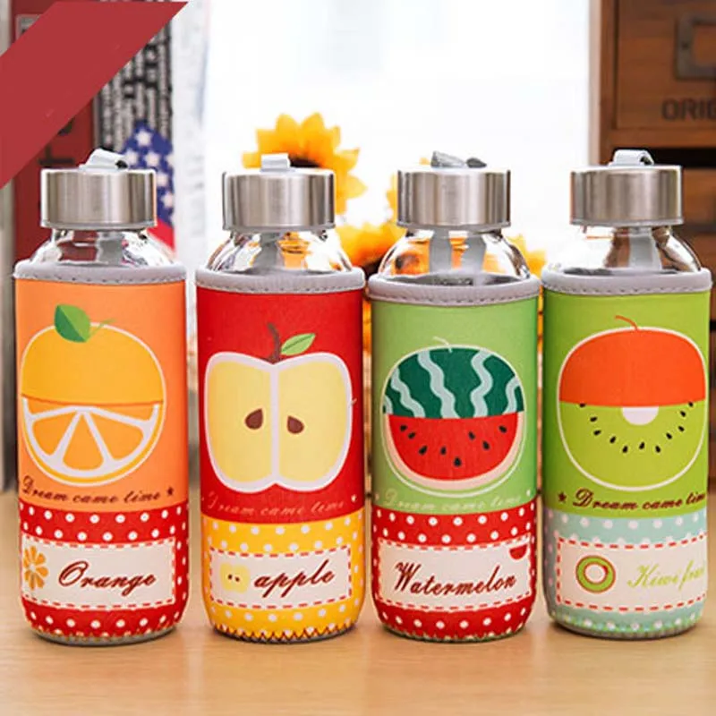 Random Fruits Тоторо тканевая крышка стеклянная кружка мультяшная Спортивная портативная стеклянная Спортивная бутылка для воды 300 мл - Цвет: Random Fruits