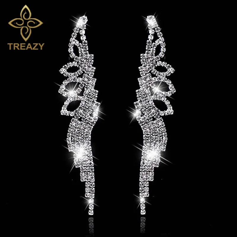 Женские длинные сережки TREAZY серебристые Стразы с блестящими кристаллами