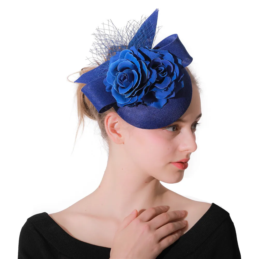 

Royal Blue Bowknot Bridal Wedding Headwear Ladies Occasion Church Fascinator Hats Women Fancy Cocktail Party Hair Accessories