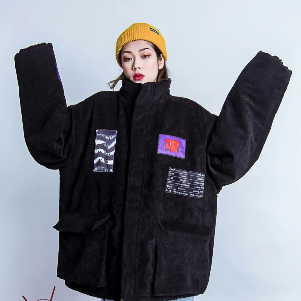 Hip-hop Chao brand corduroy oversize winter rope-pulling cloth with cotton jacket and loose BF tooling coat