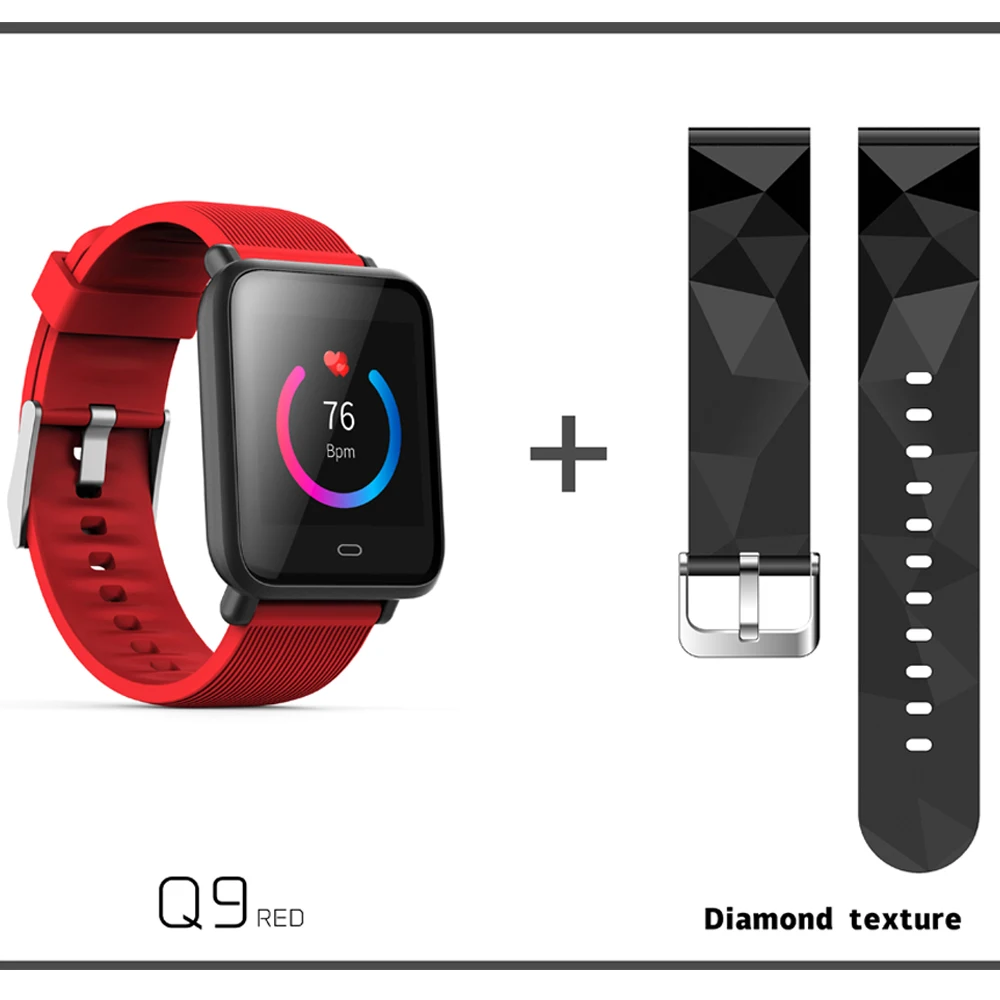 Q9 Blood Pressure Heart Rate Monitor Smart Watch IP67 Waterproof Sport Fitness Trakcer Watch Men Women Smartwatch - Color: Red add strap