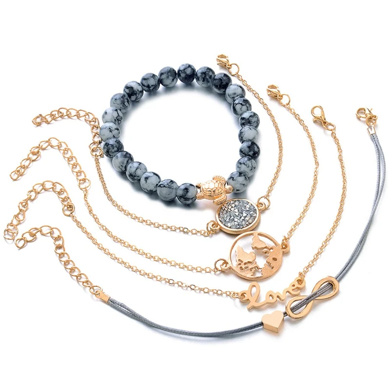 5 шт./компл. многослойный браслет-цепочка с подвеской в виде черепахи сердца