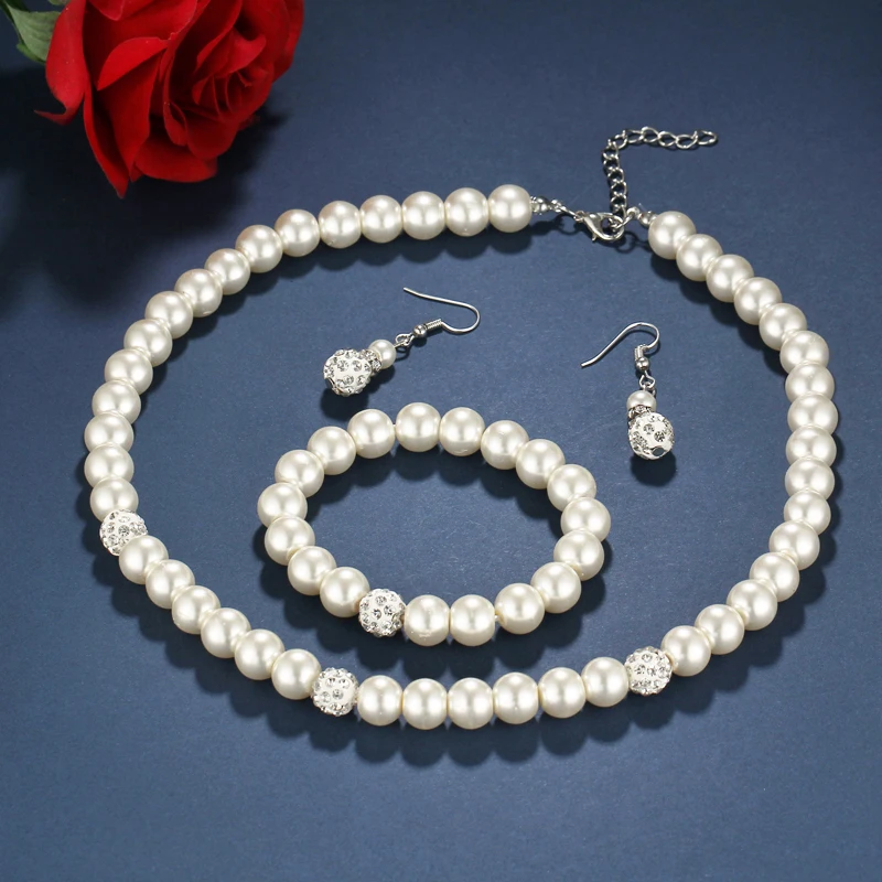 17KM Sliver Color Simulated Pearl Jewelry Sets For Women Vintage Necklace Crystal Earrings Bracelet Party Wedding Accessories | Украшения и