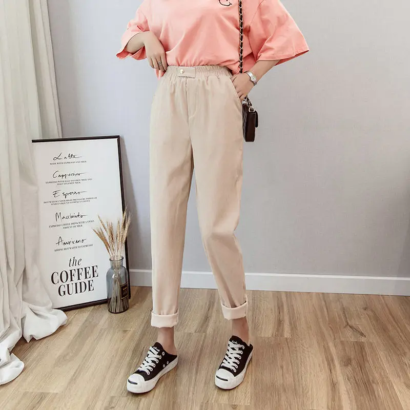 Apricot Vangull женские вельветовые шаровары, однотонные Свободные повседневные штаны с высокой талией, Осенние новые длинные штаны с эластичной талией в Корейском стиле - Цвет: Apricot