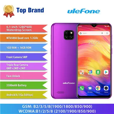 Смартфон Ulefone Note 7, 19:9, 6,1 дюймов, экран в виде капли воды, четырехъядерный аккумулятор 3500 мАч, 16 Гб ПЗУ, мобильный телефон на Android 9,0, мобильный телефон