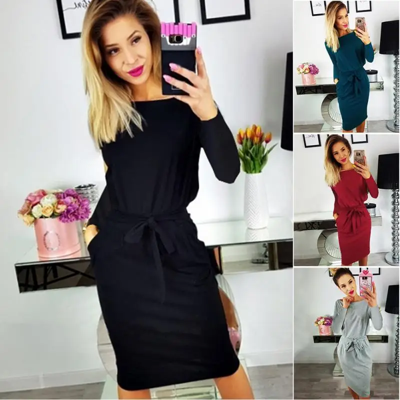 2018 осень Для женщин с длинным рукавом платье на шнуровке хлопок тонкий миди дамы