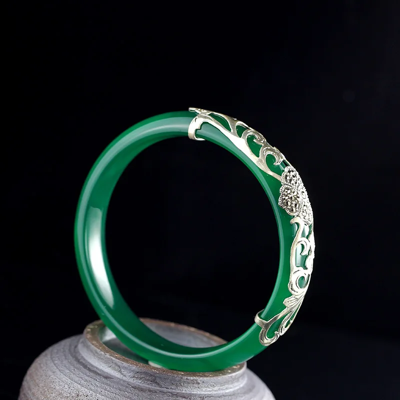 Женский винтажный браслет из тайского стерлингового серебра 925 пробы с зеленым