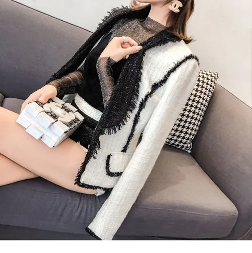 white blazer only Винтажный хит, цвет, твидовый жакет, набор,, зимний, элегантный, v-образный вырез, толстая, с кисточками, Женский блейзер, пальто+ золотой, львиная пуговица, шерсть, короткий костюм - Цвет: white blazer only