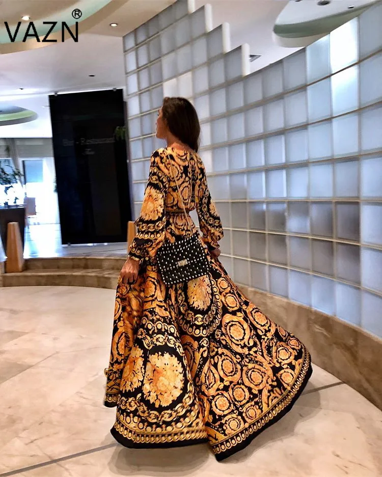 VAZN Summer 2019 Gold Medal French Minority Sexy Women Dress Retro Full Sleeve Lace Up Chiffon High -ened Maxi Well YL1390 Женская