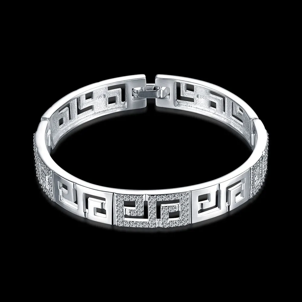 925 Sterling Silver Bracelets Bangles for Women Party Jewelry Top Quality Hollow Maze Pattern Cubic Zirconia GTB011 | Украшения и