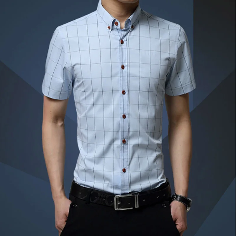 

2019 Summer Fashion Men's Plaid Shirt Slim Fit Short Sleeve Button up Trend Cotton Male Social Shirts 5XL