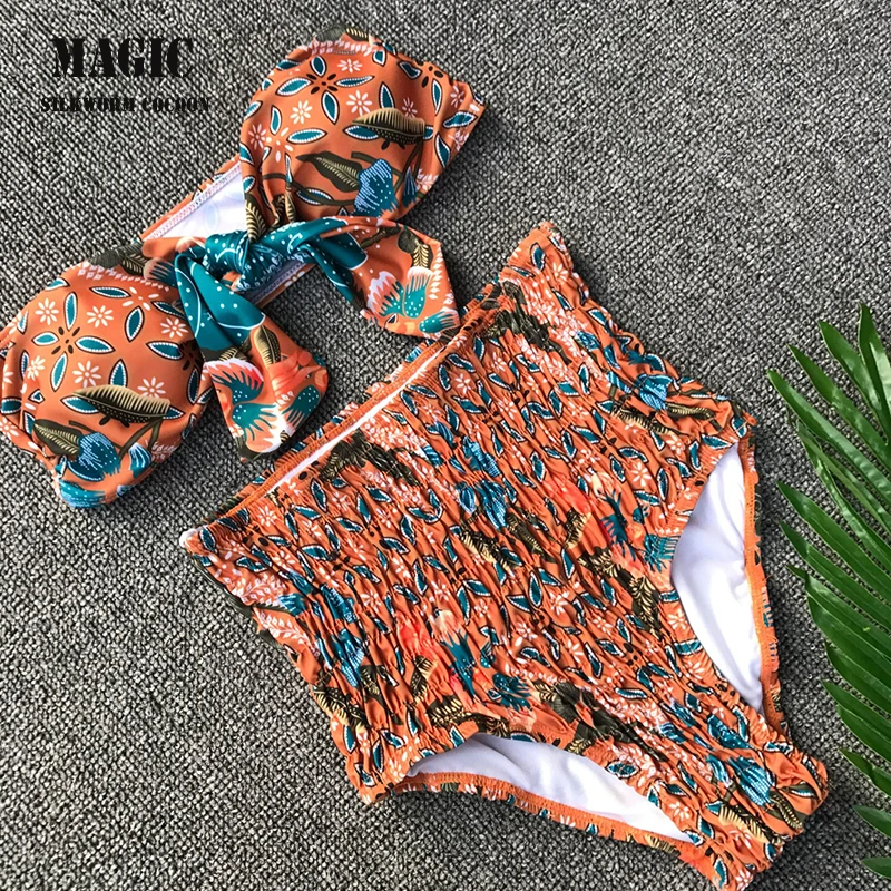 women split swimsuit chiffon print knotted high waist bikini Europe and the United States popular high waist bikini swimwear