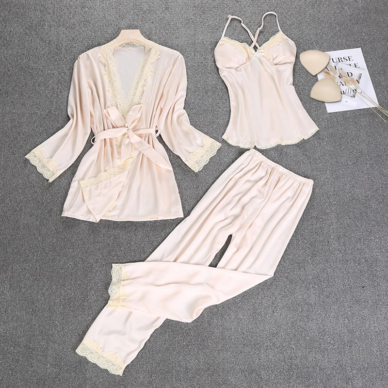 Smmoloa для женщин пикантные шелковый атлас халат + брюки девочек одноразовые