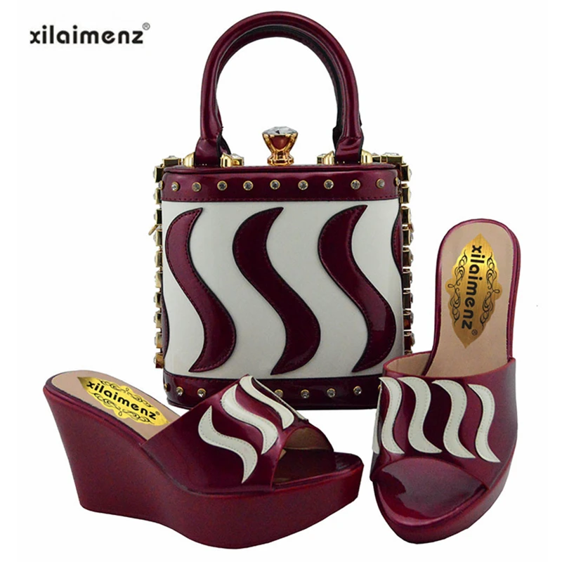 

New shop 40% discount Gold with Black Color New Splice Design for Nigerian Women Wedges shoes and bag to match for Wedding Party