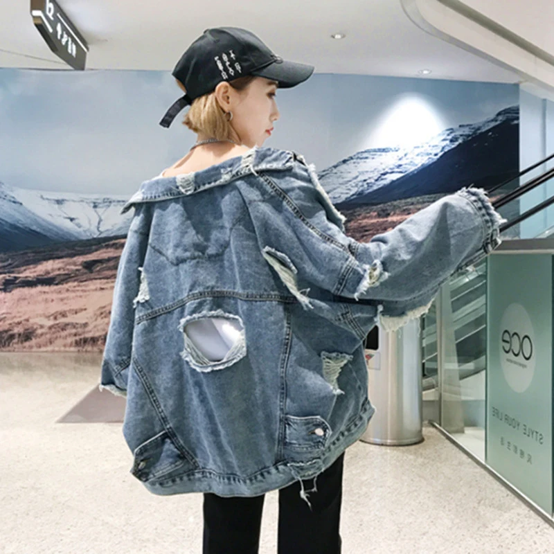 Женская джинсовая куртка с дырками Повседневная однотонная из денима рукавами